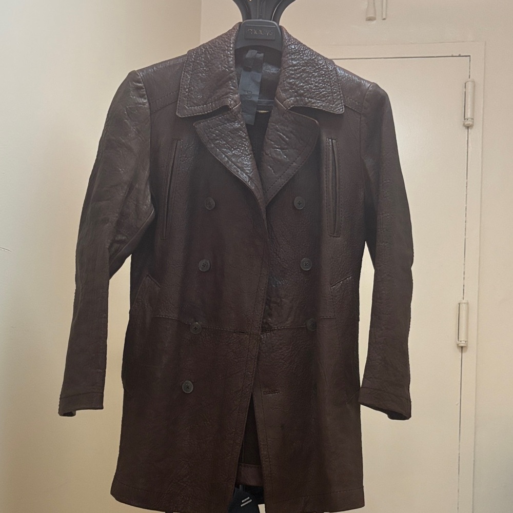 OFF-PR STYLE Men's Brown Leather Double-Breasted Coat Size 48
